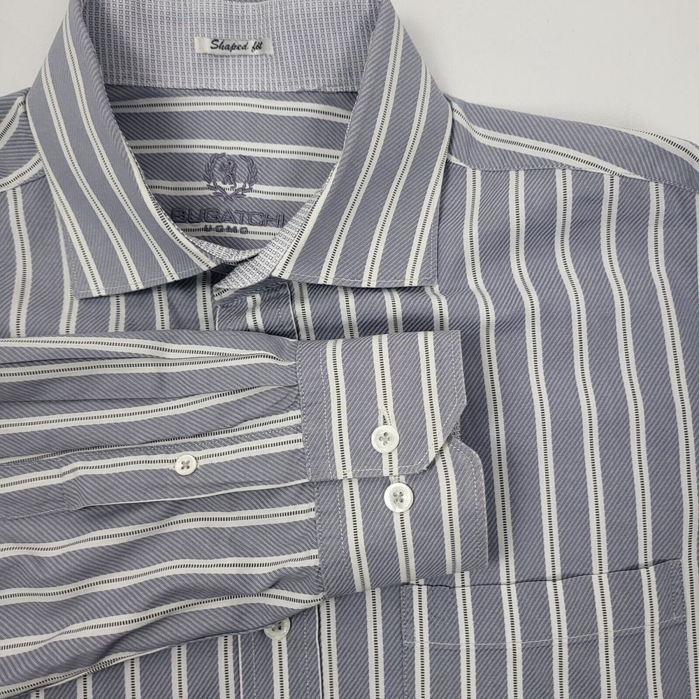 Bugatchi Uomo Mens Large Long Sleeve Button Down Gray Striped Shirt Flip Cuff